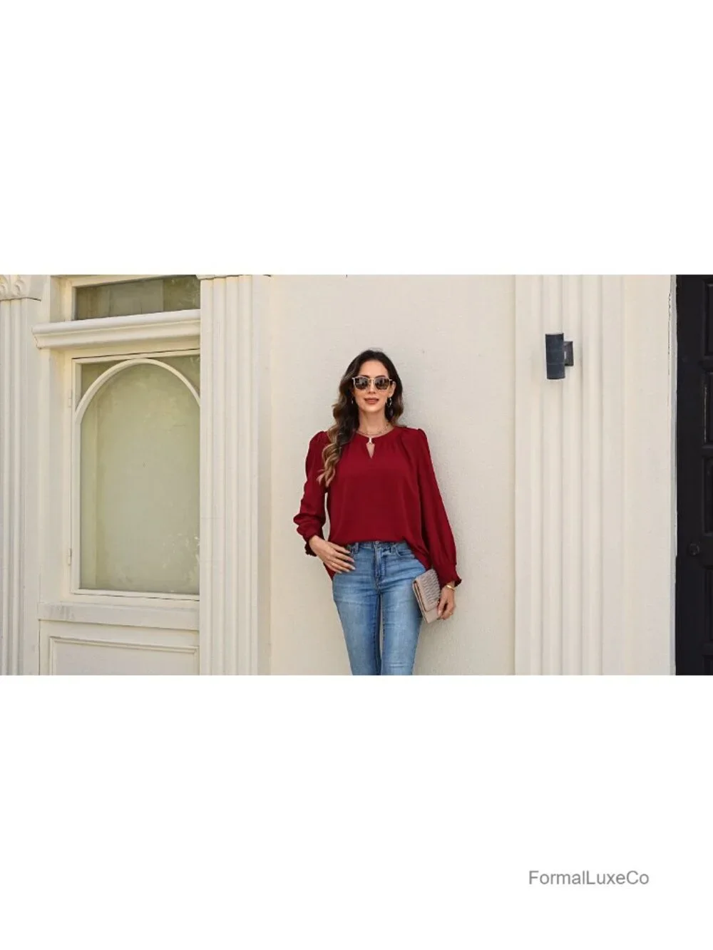 Women's Polyester Long Sleeve Tunic Blouse Casual Crew Neck Loose Fit Top